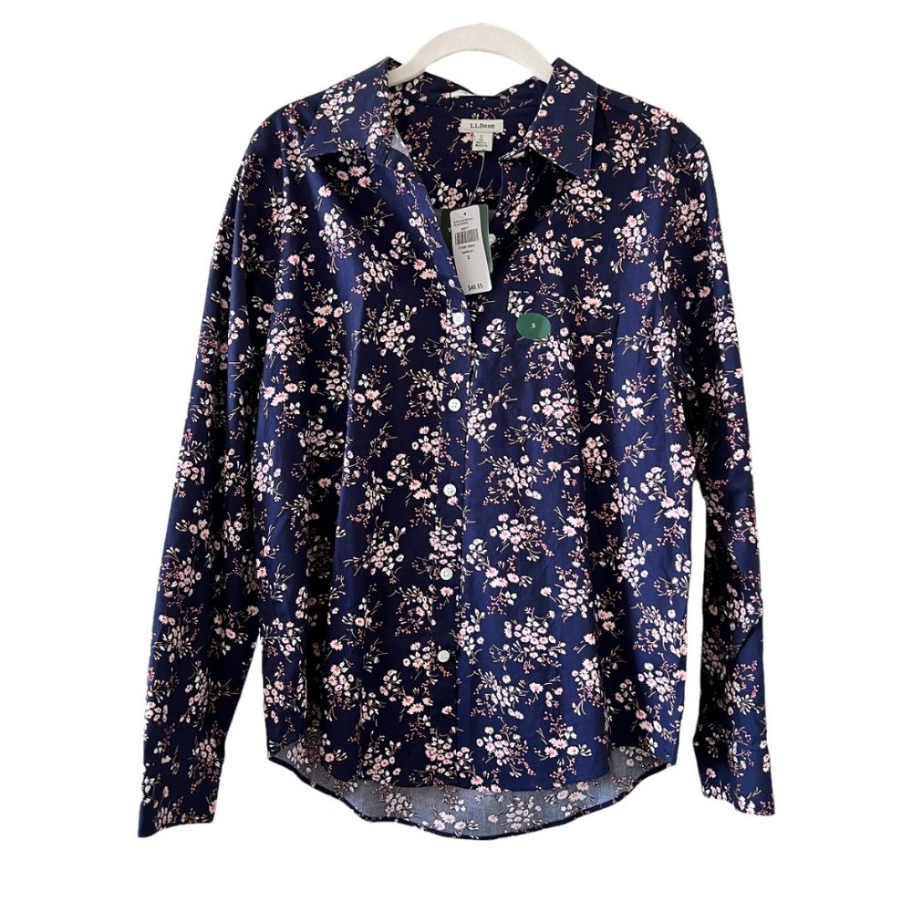 L.L. Bean Wrinkle Resist Navy Floral Button Down Size S